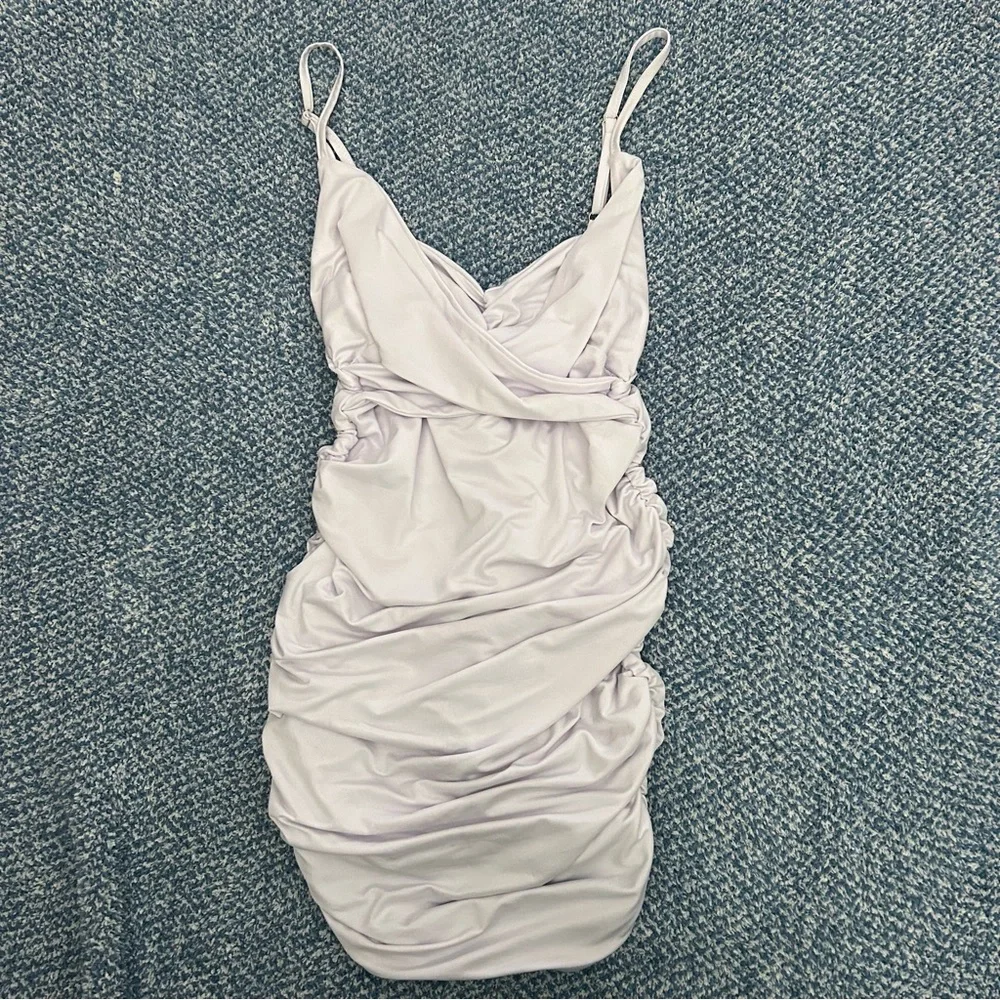 White Sleeveless Ruched Bodycon Spaghetti Strap Mini Dress - Picture 3 of 3